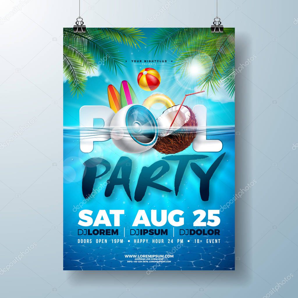 Summer pool party poster design template with palm leaves, water, beach ball and float on blue underwater ocean background. Vector holiday illustration for banner, flyer, invitation, poster.