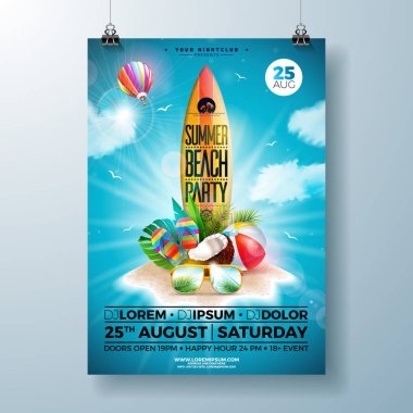 Çiçek, plaj topu ve sörf tahtası ile Summer Beach Party Flyer Tasarım. Vektör Yaz doğa çiçek elemanları, hava balonu, tropikal bitkiler ve tipografi mektup mavi bulutlu gökyüzü arka plan. Tasarım