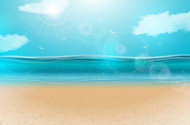 Bulutlu gökyüzü ile Vektör mavi okyanus manzara arka plan tasarımı. Afiş, el ilanı, davetiye, broşür, parti afişi veya tebrik kartı için deniz sahnesi ve kumlu plaj ile yaz illüstrasyon