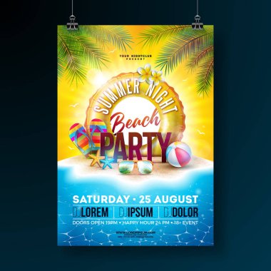Vektör Summer Night Beach Parti Broşür Tasarım Tropikal Palmiye Yaprakları ve Float Okyanus Peyzaj Arka Plan üzerinde. Paradise Island, Beach Ball, Güneş Gözlüğü ve Cankurtaran Ile Yaz Tatili İllüstrasyon