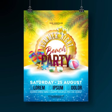 Vektör Summer Night Beach Parti Broşür Tasarım Tropikal Palmiye Yaprakları ve Float Okyanus Peyzaj Arka Plan üzerinde. Paradise Island, Beach Ball, Güneş Gözlüğü ve Cankurtaran Ile Yaz Tatili İllüstrasyon