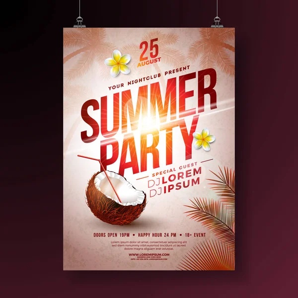 Vector Summer Party Flyer Design avec fleurs, noix de coco et palmiers tropicaux sur fond de coucher de soleil brillant. Illustration des vacances d'été avec plantes exotiques et typographie Lettre pour bannière, dépliant — Image vectorielle