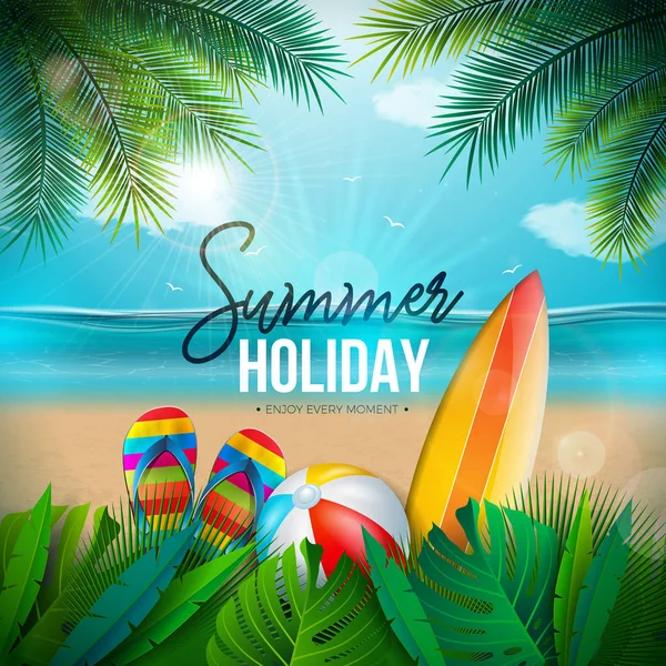 Vector Summer Holiday Illustration with Beach Ball, Palm Leaves, Surf Board and Typography Letter on Blue Ocean Landscape Background. Summer Vacation Design for Banner, Flyer, Invitation, Brochure
