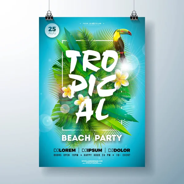 Tropical Summer Beach Party Flyer Diseño con flores, hojas de palma y pájaro tucán sobre fondo azul. Plantilla Vector Summer Celebration Design con elementos florales de la naturaleza, plantas tropicales y — Vector de stock