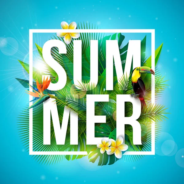Design de férias de verão tropical com pássaro tucano e flor de papagaio em fundo azul. Ilustração vetorial com folhas de palma exóticas e filodendro para bandeira, folheto, convite, folheto, cartaz ou — Vetor de Stock