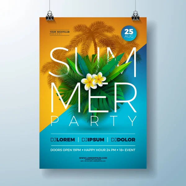 Vector Summer Party Flyer Design con fiori e foglie di palma tropicale su sfondo blu e giallo. Illustrazione della celebrazione delle vacanze estive con piante esotiche e lettera tipografica per banner, volantino — Vettoriale Stock