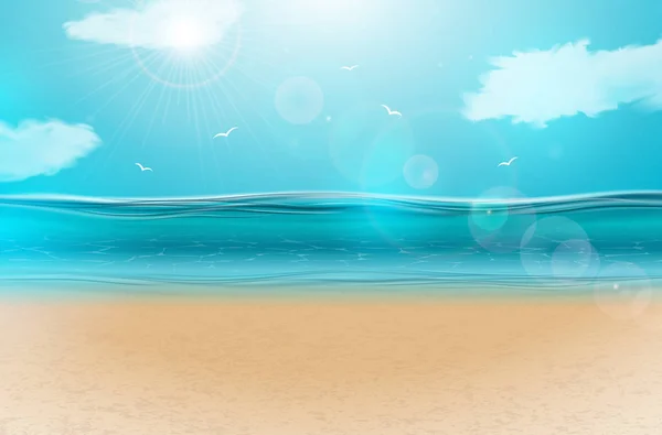 Vector azul oceano paisagem fundo design com céu nublado. Ilustração de verão com cena do mar e praia de areia para banner, panfleto, convite, folheto, cartaz de festa ou cartão de saudação —  Vetores de Stock