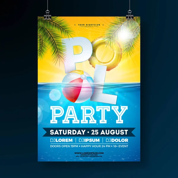 Sommer-Pool-Party-Poster-Design-Vorlage mit Palmblättern, Wasser, Strandball und schweben auf blauem Unterwasser-Ozean Hintergrund. Vektor Urlaubsillustration für Banner, Flyer, Einladung, Plakat. — Stockvektor
