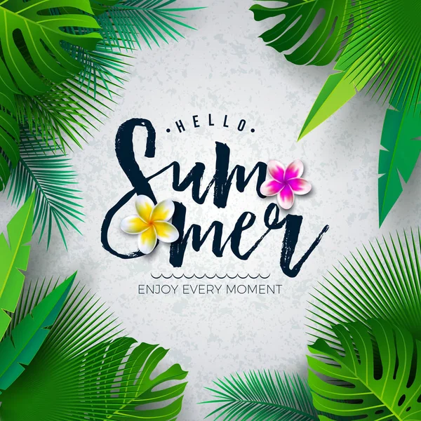 Vector Hello Summer Illustration with Typography Letter and Tropical Palm Leaves on White Background. Exotic Plants and Flower for Holiday Banner, Flyer, Invitation, Brochure, Poster or Greeting Card. — Stock Vector