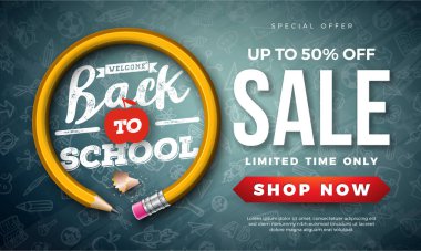 Back To School Sale Design ile Grafit Kalem ve Tipografi Mektubu Siyah Tebeşir Tahtası Arka Plan. Özel Teklif, Kupon, Kupon, Banner, El İlanı, Poster için Vektör Eğitimi Kavramı İllüstrasyon