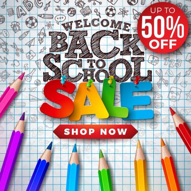 Kare Izgara Arka Plan Üzerinde Renkli Kalem ve El Çizilmiş Doodles ile Okul Satış Tasarım geri. Kupon, Fiş, Afiş, El İlanı, Poster için Özel Teklif Tipografi Elemanları ile Vektör İllüstrasyon