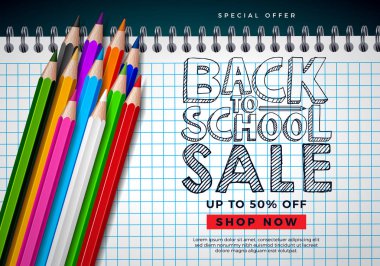 Kare Izgara Arka Plan Üzerinde Renkli Kalem ve Tipografi Mektubu ile Okul Satış Tasarımı geri dön. Özel Teklif, Kupon, Kupon, Afiş, Broşür, Poster veya Vektör Eğitim Kavramı İllüstrasyon