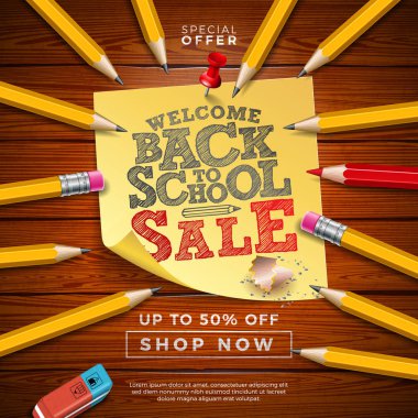 Geri Grafit Kalem, Silgi ve Yapışkan Notlar Vintege Ahşap Arka Plan ile Okul Satış Tasarım. Kupon, Fiş, Banner, El Ilanı için Özel Teklif Tipografi Elemanları ile Vektör İllüstrasyon