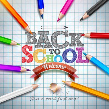 Kare ızgara kitapçık arka plan üzerinde renkli kalem ve tipografi harfi ile okul tasarımı geri döndü. Tebrik kartı, afiş, el ilanı, davetiye, broşür veya