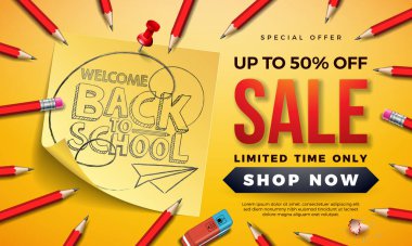 Back To School Sale Design ile Grafit Kalem, Silgi ve Yapışkan Notlar Sarı Arka Plan üzerine. Kupon, Fiş, Afiş, El İlanı, Poster için Özel Teklif Tipografi Elemanları ile Vektör İllüstrasyon