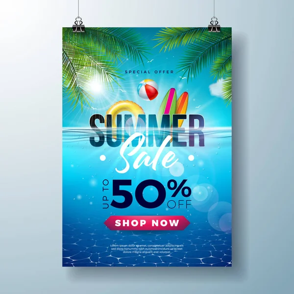 Summer Sale Poster Design Template with Beach Holiday Elements and Exotic Leaves on Underwater Blue Ocean Background. Tropical Vector Illustration with Special Offer Typography for Coupon, Voucher