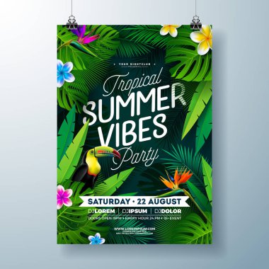 Tropikal Yaz Vibes Party Flyer Design with Flower, Tropical Palm Leaves and Toucan Bird on Dark Background. Vector Summer Beach Kutlama İllüstrasyon Şablonu Banner için Typograpy Harflerle