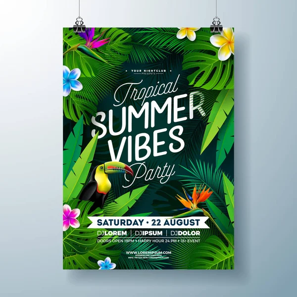 Tropiska sommarvibbar Party Flyer Design med blommor, tropiska palmblad och Toucan Bird på mörk bakgrund. Vektor Sommar Strandfest Illustration Mall med Typografi Brev för Banner — Stock vektor