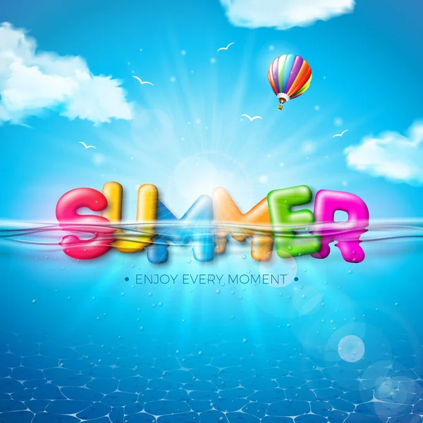 Vektor Sommar Illustration med Färgglada 3d Typografi Brev på Undervattens Blå Ocean Bakgrund. Realistisk sommar semester semester design för Banner, Flyer, Inbjudan, Broschyr, Affisch eller hälsning — Stock vektor