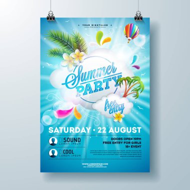 Palm Leaves, Water and Beach Ball ve Blue Sualtı Okyanusu Arkaplanı ile Yaz Havuzu Parti Poster Şablonu. Banner, Flyer, Davetiye, Poster İçin Vektör Tatil Resimleri.
