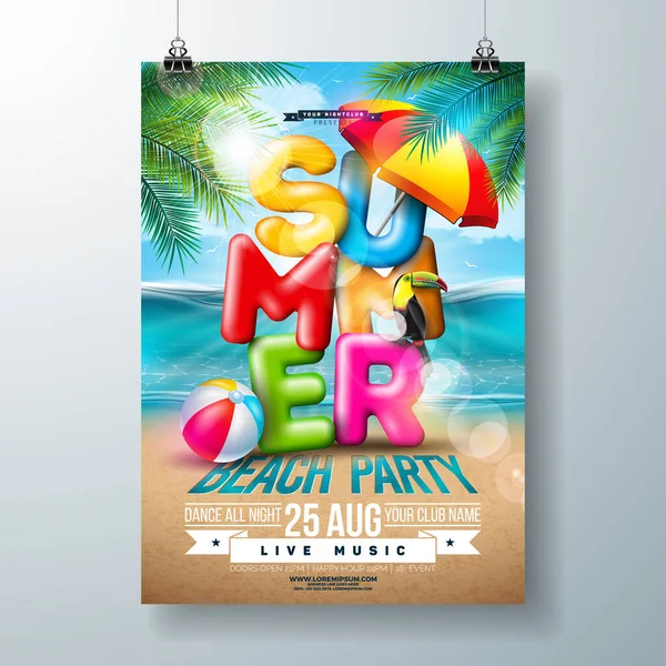 Vector Summer Beach Party Flyer Diseño con letra de tipografía 3d y hojas de palma tropical en el fondo del paisaje marino. Plantilla de diseño de vacaciones de verano con Toucan Bird, Beach Ball y — Vector de stock