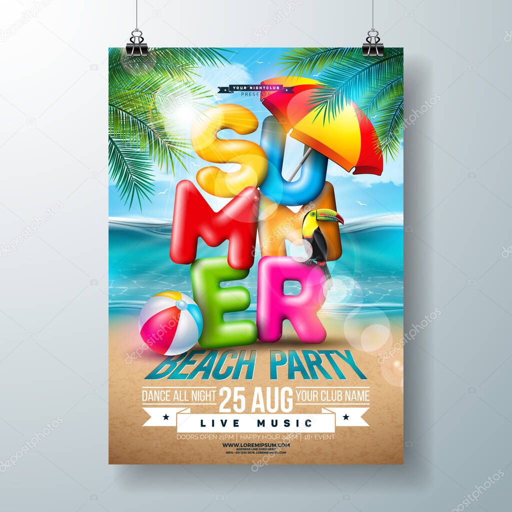 Vector Summer Beach Party Flyer Design with 3d Typography Letter and Tropical Palm Leaves on Ocean Landscape Background. Summer Vacation Holiday Design Template with Toucan Bird, Beach Ball and