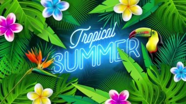 Yeşil Palmiye Yaprakları Arkaplanında Renkli Çiçekler ve Tukan Kuşuyla Tropikal Yaz Hareketi Grafik Animasyonu. Metin Ögesi Sürümü İçerilmedi.