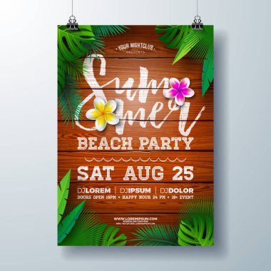 Vector Summer Beach Party Flyer Design with Flower and Palm Leaves on the Vintage Wood Background. Klasik Ahşap Tahta, Tropikal Bitkiler ve Kutlama İçin Bulutlu Gökyüzü ile Yaz Tatili İllüstrasyonu