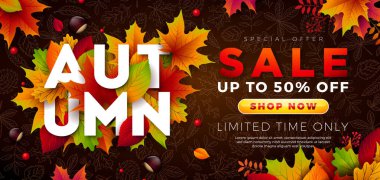 Sonbahar Satılık tasarım düşen yaprakları, kestane ve 3d yazı Doodle desen arka plan ile. Kupon, fiş, afiş, el ilanı için özel indirim Tipografi elemanları ile sonbahar vektör çizim