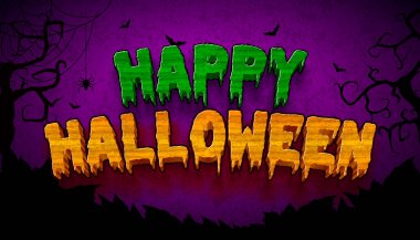 Uçan Yarasalar, Örümcek ve Orange Green Typography Lettering ile Karanlık Mezarlıkta Mutlu Cadılar Bayramı Vector Illustration. Bayrak, Tebrik Kartı ve Kutlama İçin Sonbahar Tatil Tasarımı