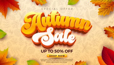 Düşen Yapraklarla Sonbahar Satış Tasarımı ve Doodle Deseni Üzerine Harfler. Kupon, Fiş, Bayrak, Flyer için Özel Teklif Tipografi Elementleri ile Sonbahar Vektörü İllüstrasyonu