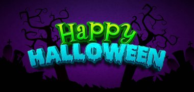 Koyu Mor Mezarlıkta Yeşil ve Mavi Typography Lettering ile Cadılar Bayramı Vektör İllüzyonunuz kutlu olsun. Sancak, Tebrik Kartı, Kutlama Posteri ve Parti İçin Sonbahar Tatil Tasarımı Vektörü