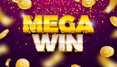 Casino Illustration with 3d Golden Mega Win Text Label and Playing Chips on Dark Background. Flyer, Davetiye, Tebrik Kartı, Bayrak veya Bayram İçin Düşen Konfeti ile Vektör Lüks Kumar Tasarımı
