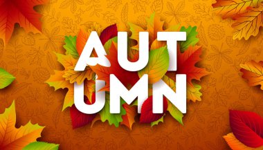 Düşen Yapraklar ve Turuncu El Çizim Arkaplanındaki Typography Lettering ile Sonbahar Sonbaharı Sancak İllüstrasyonu. Mevsimsel Kutlama Kartı, Parti Uçuşu için Renkli Vintage Sonbahar Vektör Tasarımı