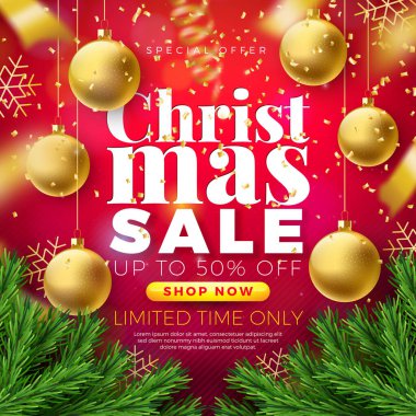 Noel Satış Günü Tasarımı Süslü Balo, Frak Branch ve Kırmızı Arkaplanda Düşen Konfeti. Vector Holiday Business Illustration with Special Offer Typography Elements for pon