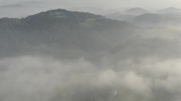 Luchtbeelden Van Bos Veld Met Mist Bij Zonsopgang Moraviansilezische Beskiden — Stockvideo