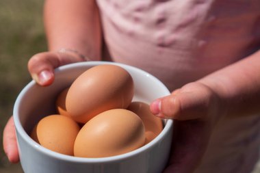 Küçük kız elinde kaseyle dışarıda yumurtalarını tutuyor.
