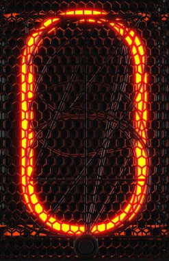Nixie Tüp göstergesi, lambanın gazı deşarj göstergesi yakın çekim. Retro sıfır sayısı. 3D render.