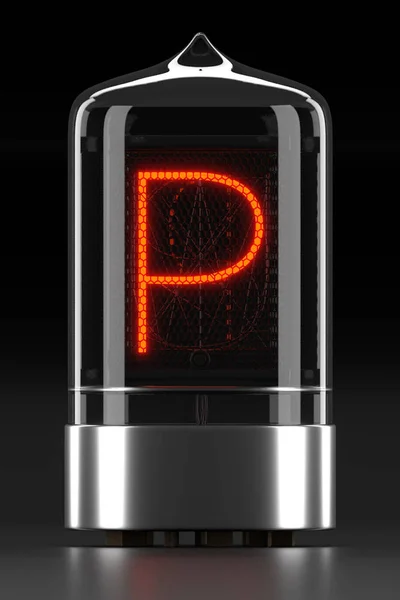 Nixie σωλήνα ένδειξη, δείκτης εκφόρτισης αερίου λαμπτήρας σε σκούρο φόντο. Ρετρό επιστολή «p». 3D rendering — Φωτογραφία Αρχείου