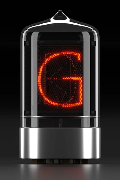 Nixie indicador de tubo, indicador de descarga de gas de la lámpara sobre fondo oscuro. Letra "g" de retro. renderizado 3d — Foto de Stock