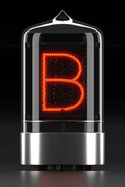 Nixie trubice ukazatel, indikátor výbojkové lampy na tmavém pozadí. Retro velké písmeno "b". 3D vykreslování — Stock fotografie