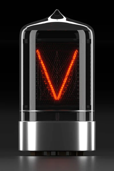 Indicatore Nixie tubo, indicatore di scarica del gas lampada su sfondo scuro. Lettera "v" di retro. rendering 3d — Foto Stock