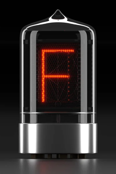 Nixie-buis indicator, lamp gas-kwijting indicator op donkere achtergrond. Letter "f" van retro. 3D-rendering — Stockfoto