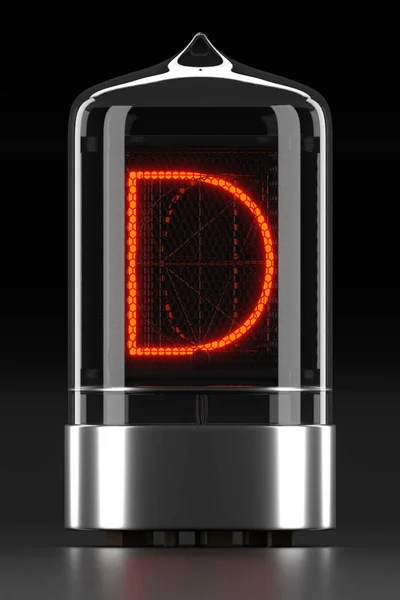 배달 불능 우편물 튜브 표시기, 어두운 배경에 램프 가스 방전 표시기. 복고풍의 편지 "d"입니다. 3 차원 렌더링 — 스톡 사진