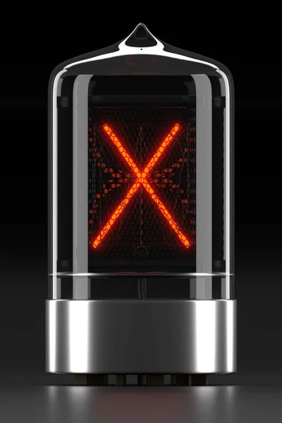 Nixie indicador de tubo, indicador de descarga de gas de la lámpara sobre fondo oscuro. Letra "x" de retro. renderizado 3d — Foto de Stock