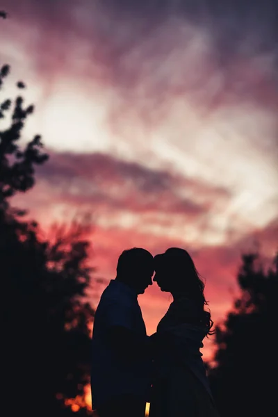 Dark silhouette of guy and girl against beautiful sunset — Stock Photo, Image
