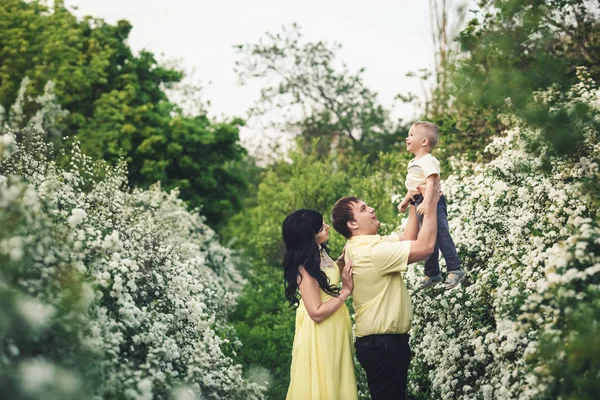 Concepto de familia feliz. Papá levanta a su pequeño hijo con las manos en alto . — Foto de Stock