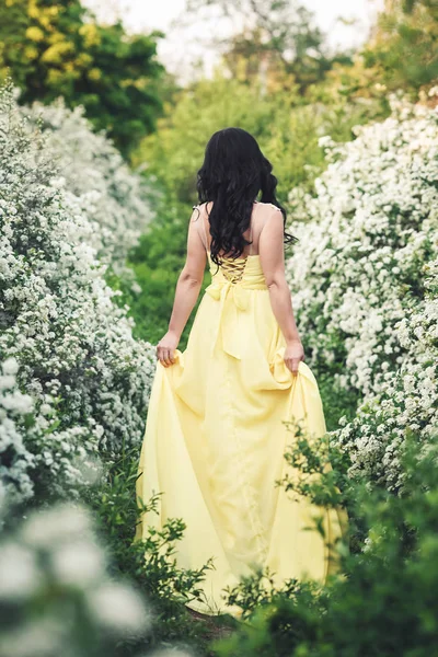 Zadní pohled na dívka v žlutých šatech mezi keře spiraea. — Stock fotografie