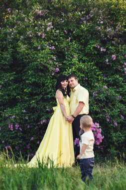 Parkta blooming Lila ile mutlu bir aile. Anne, baba ve oğlu mutlu gün batımında yürümek. Mutlu aile kavramı. 