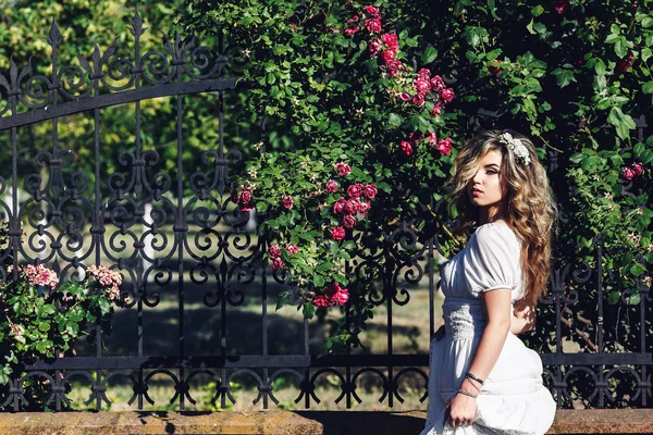 Retrato ao ar livre de jovem bela menina encaracolada perto forjada treliça com rosas . — Fotografia de Stock